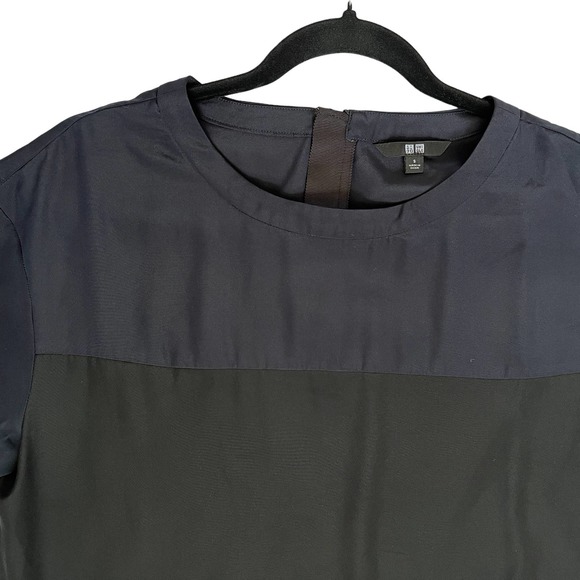 Uniqlo Silky Colorblock Short Sleeve Midi Shirt Dress Navy Black S - Picture 2 of 9